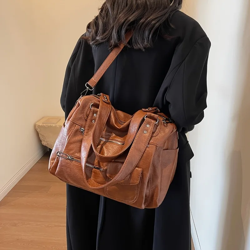 

Leather Women's Handbag, Retro Casual Single Shoulder Crossbody Bag for Commuting, Zipper Closure, Large Capacity Tote Bags