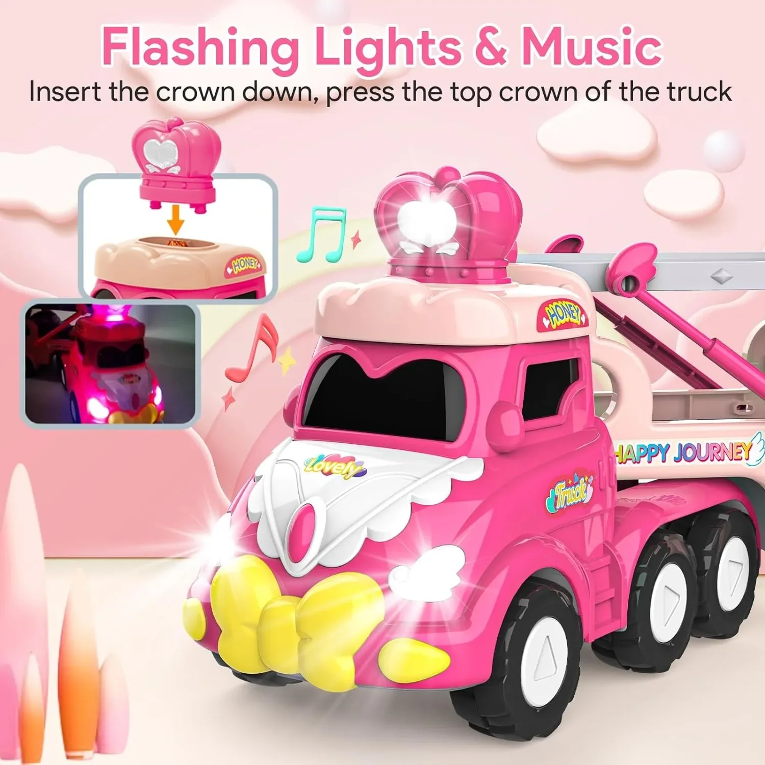 Carrier Car Toy Set with Lights & Sounds Pink Toy for Girl Toddler Kid Friction Powered Double Layer Transport Truck Gift