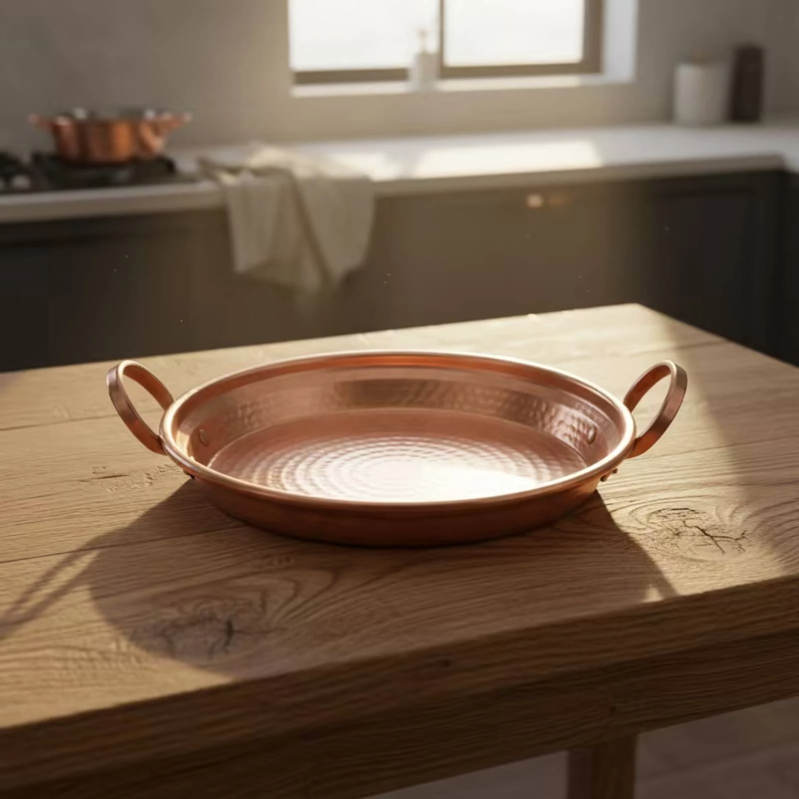 Copper Pan Two-handleHandle Pan with Loop Handles Copper Skillet Hammered Cookware Long-Lasting for Home Cooks, Table Serving