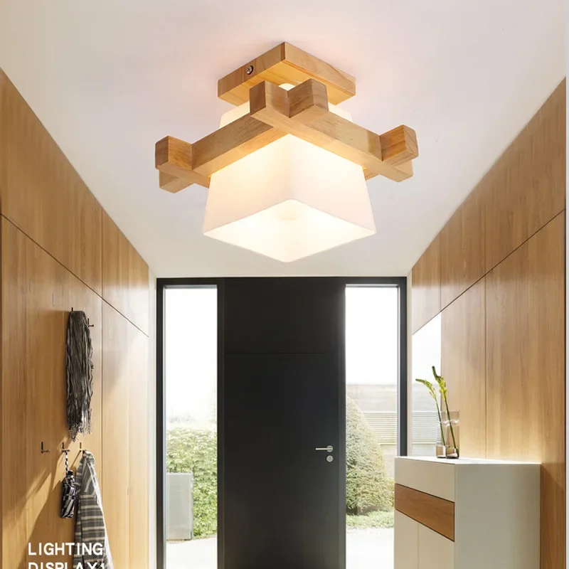 Tatami Japanese Ceiling Light for Home Lighting Glass Lampshade E27 LED Ceiling Lamp Wood Base Hallways Porch Fixtures ZM1111