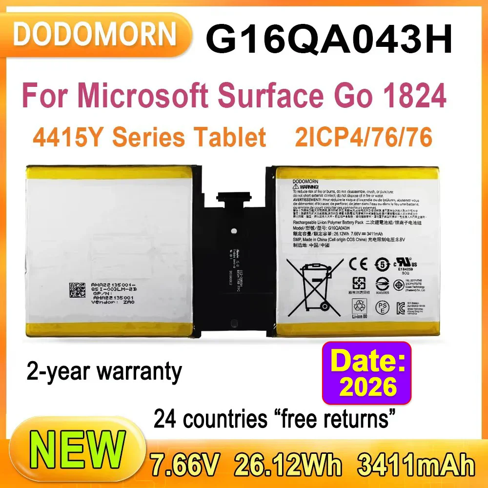 NEW G16QA043H Laptop Battery For Microsoft Surface Go 1824 4415Y Tablet PC Series 2ICP4/76/76 26.12Wh 3411mAh 7.66V High Quality