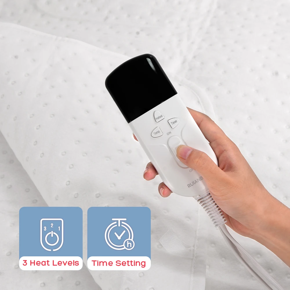 RUIANBAO Electric Heated Underblanket 150x80 Cm White Dot-Embossed Thermal Underbed with 7 Heat Settings Timer Auto Shut-Off
