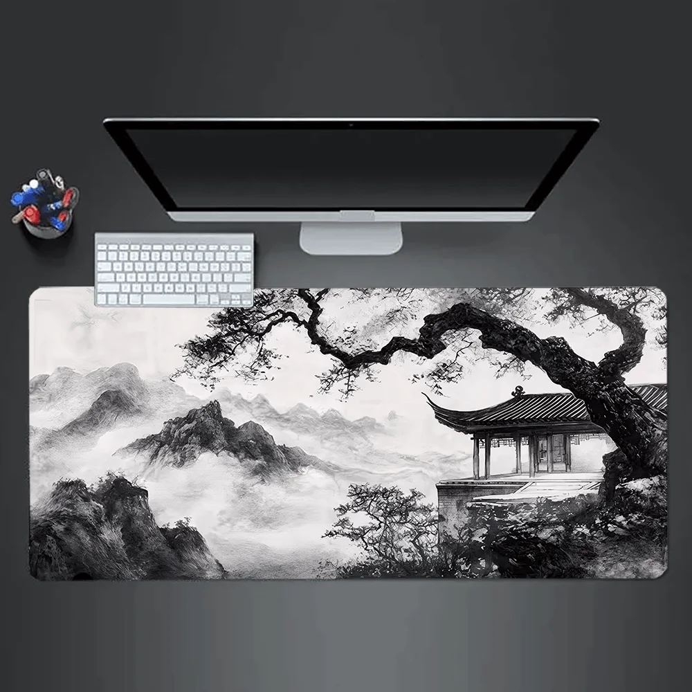 Minimalist Black Floral Gaming Mouse Pad, Large Non-Slip Desk Mat with Delicate White Blossoms & Calligraphy Art