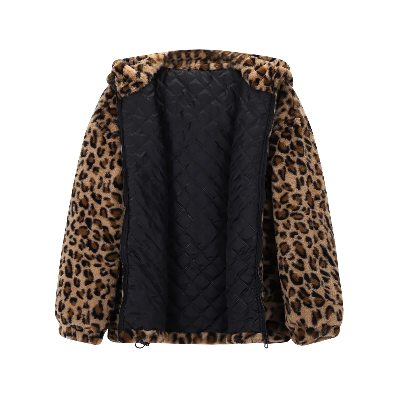 Long Sleeve Leopard Print Fuzzy Fleece Jacket Zipper Pocket Hooded Outerwear Juniors Women Loose Fit Comfy Casual Jackets