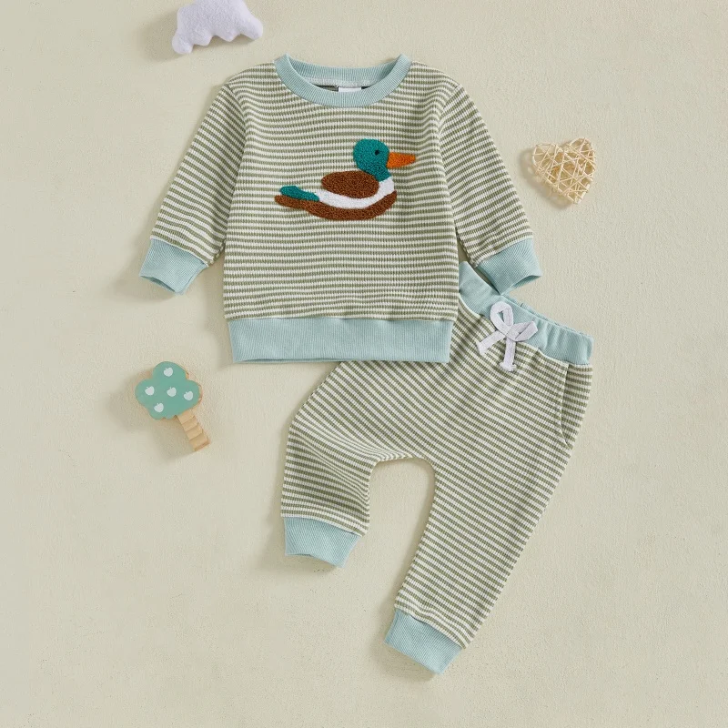 

Suefunskry Toddler Boy Stripe Fall Set Duck Embroidery Long Sleeve Round Neck Pullover Bow Pants with Pocket 2 Pcs Outfits
