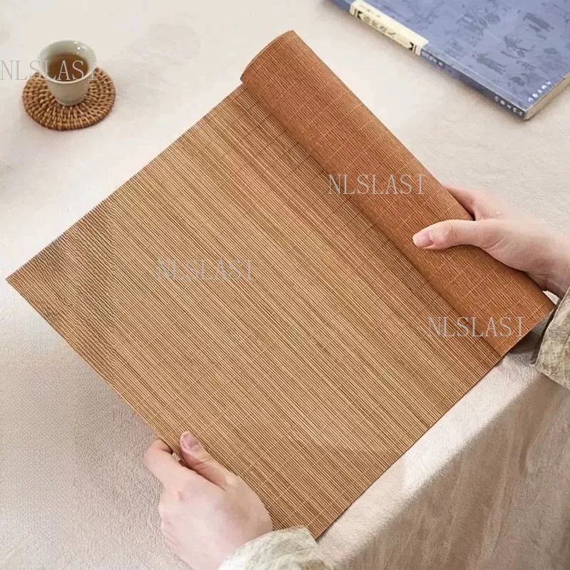 Rollable Natural Thin Bamboo Tea Table Runner Hand Woven Vertical Strip Bamboo Tea Mat Water Resistant Decorative Tea Placemat