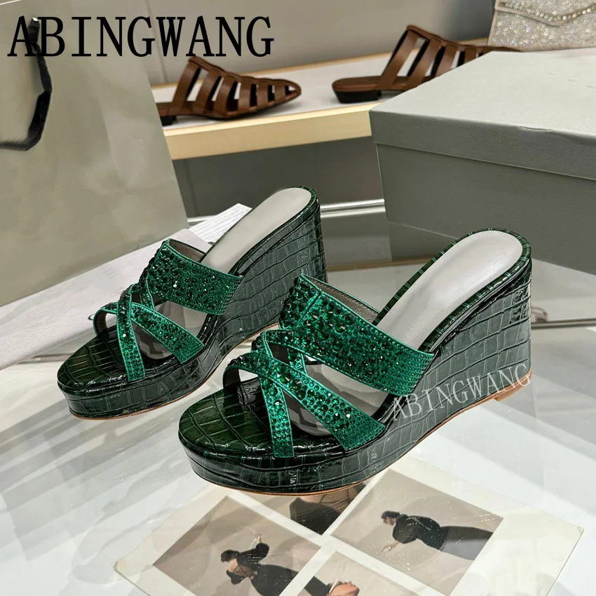 

Summer Open Toe Women Slippers Rhinestone Bling Wedges Heel Women Slippers Leather Platform Women Slippers Zapatos Mujer