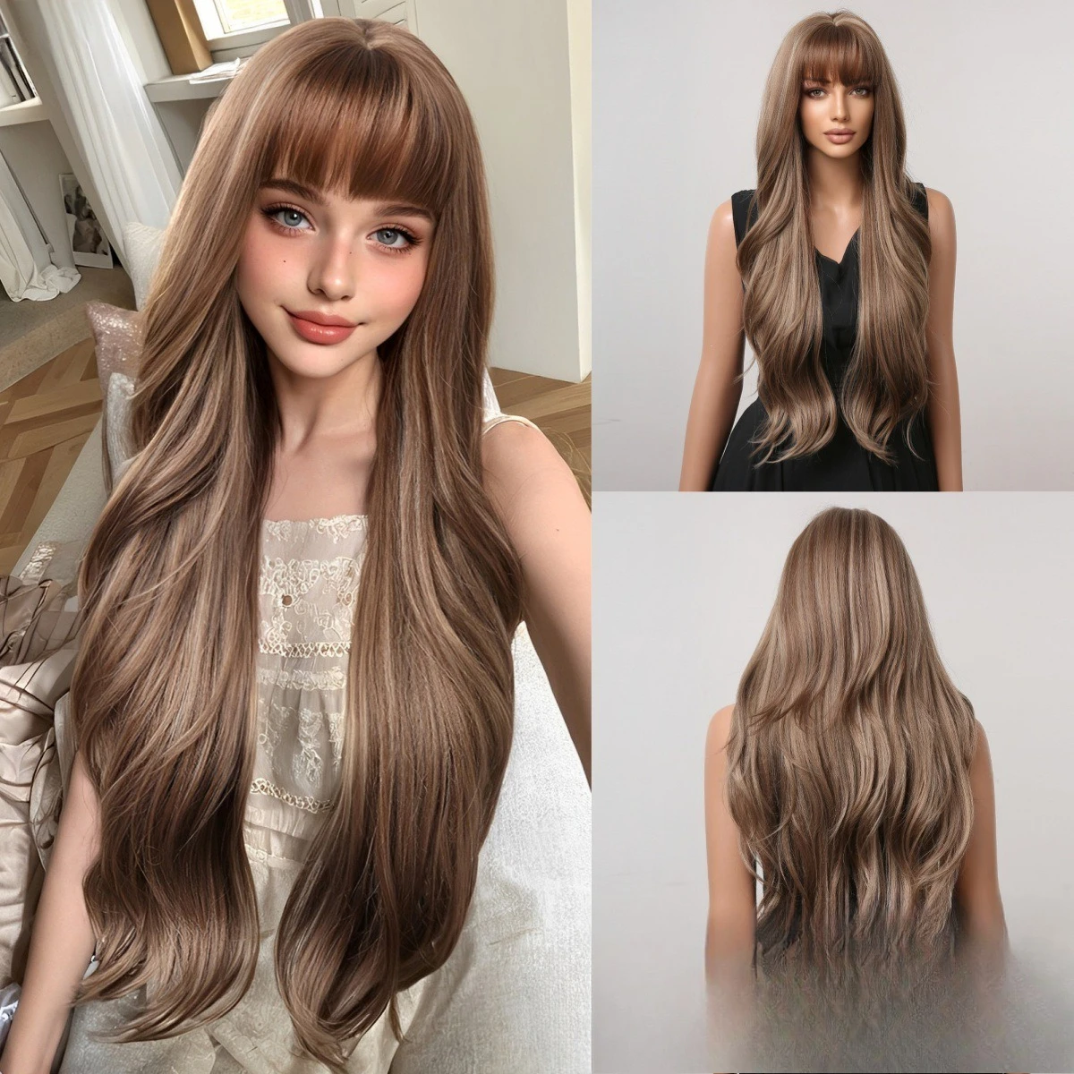 

Wig female gradual change brown high cranial top Qi bangs long hair full head cover simulation long hair modeling hot-selling mo