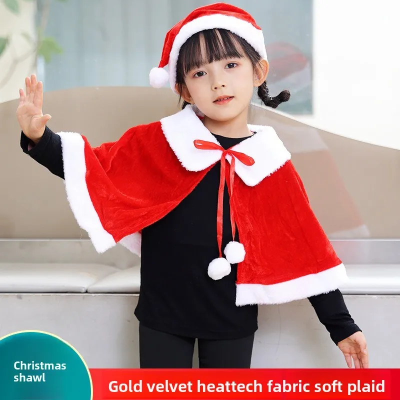 2026 Christmas Red Velvet Santa Claus Cape Kids Adults Hooded Shawl Festival Party Performance Cosplay Costume Outfit