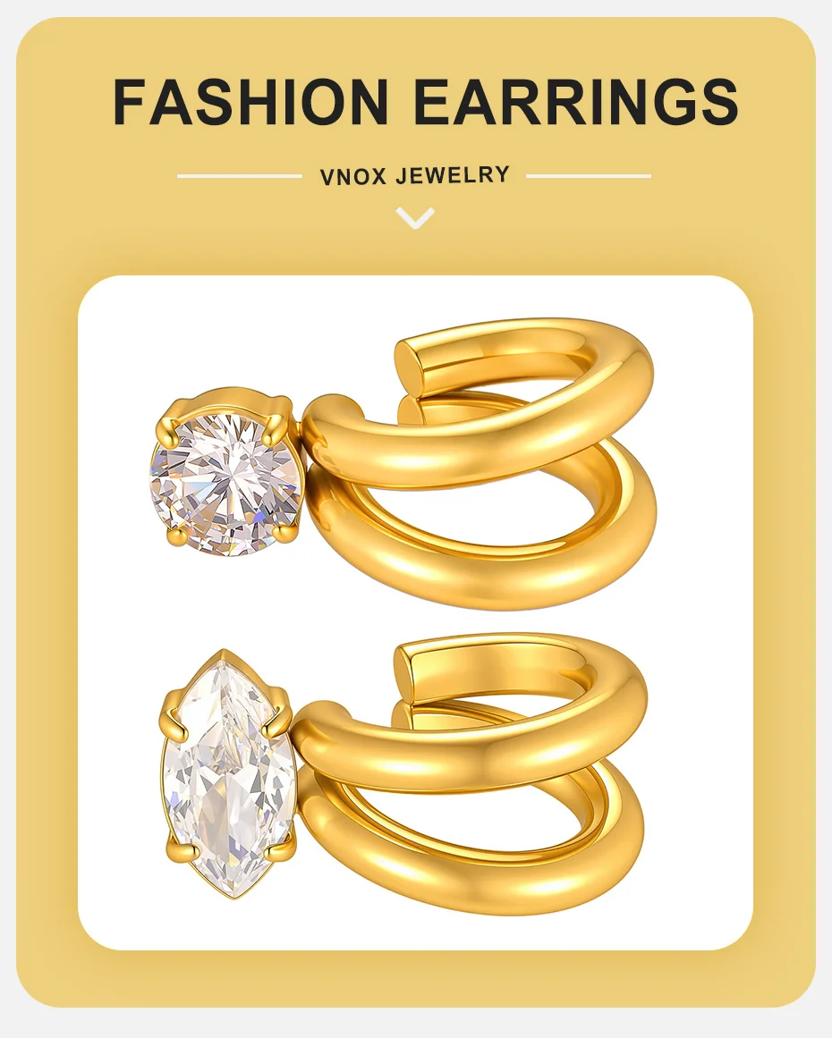 Vnox 18K Gold PVD-beschichteter AAA Zirkon Doppelschicht-Clip-Ohrring für Damen, Edelstahl, glänzende Kristall-Ohrringe, Partyschmuck – Detail 1