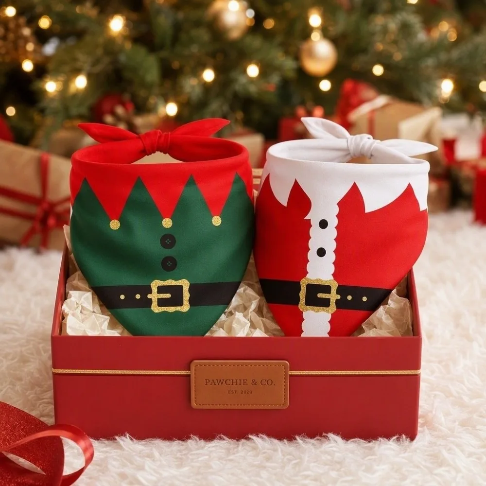 Soft Adjustable Christmas Dog Bandanas Tie-on Polyester Santa Elf Triangle Bib Scarf Red Green Kawaii Pet Neck Scarf Holiday