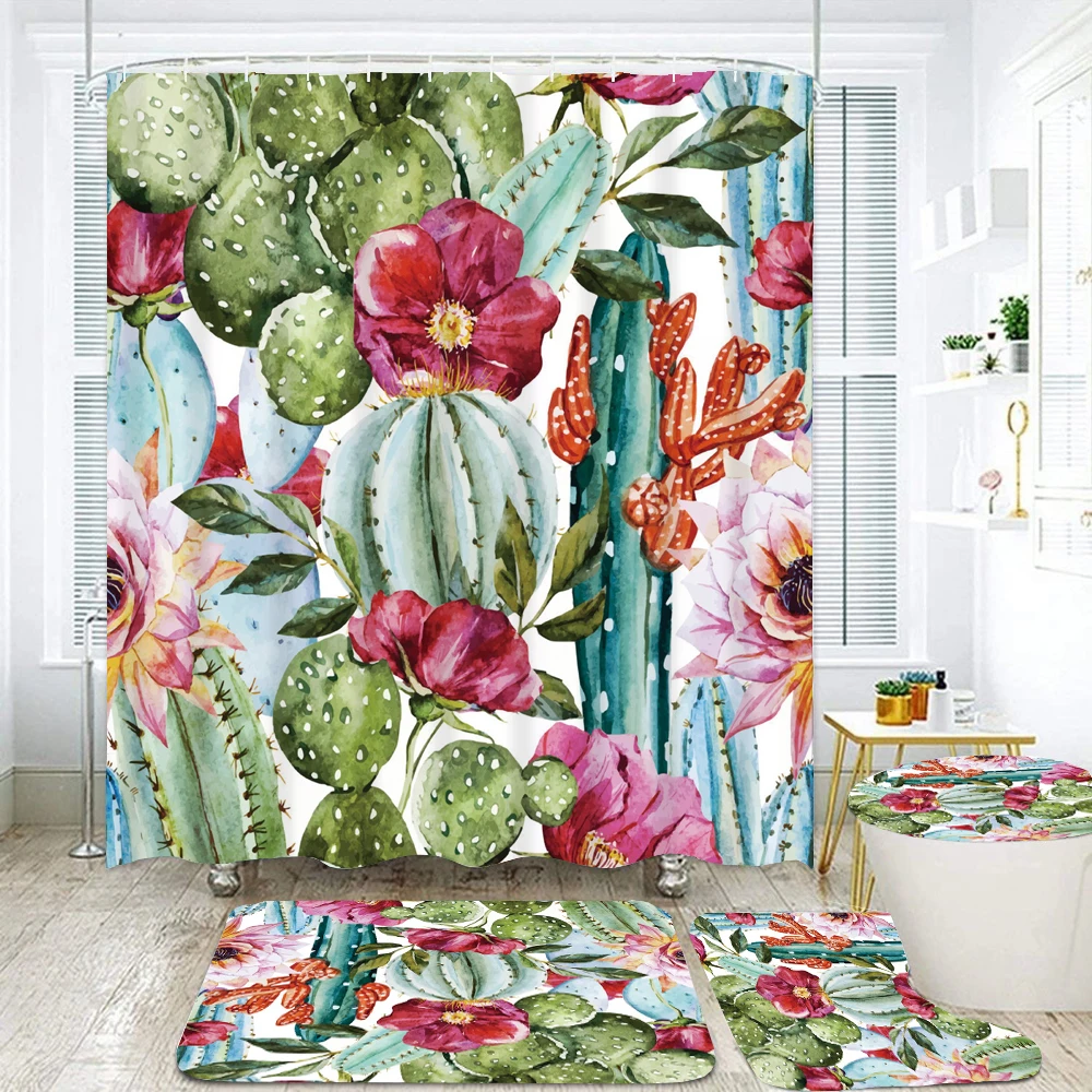 Tropical Plant Cactus Printed Pattern 180x180cm Shower Curtain And Rug Lid Toilet Cover Mat Non-slip Bath Mat Set Bathroom Decor