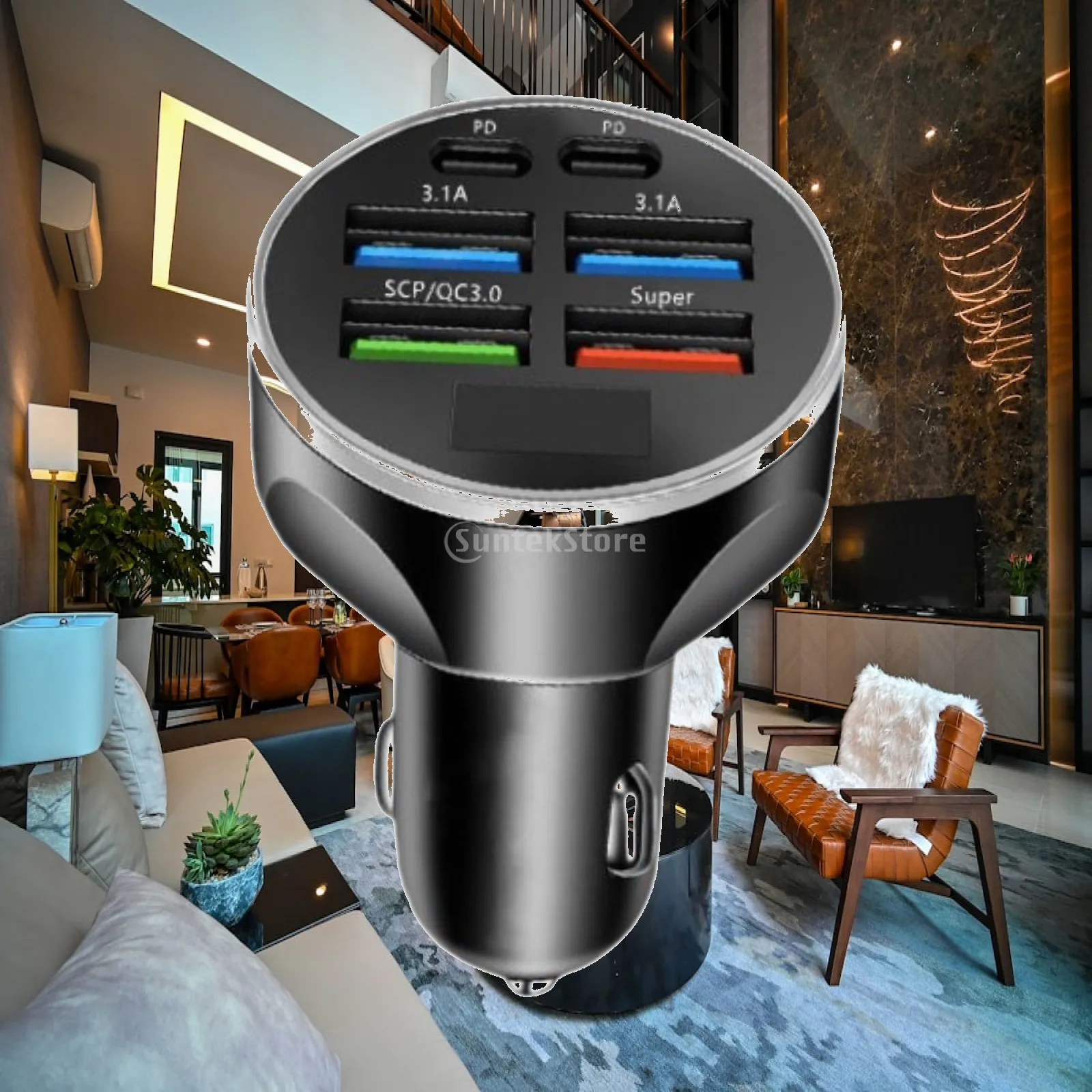 LED Display Car Charger 6 in 1 USB Fast Charging Adapter 120W Type C PD Output for Vehicle Lighter Socket