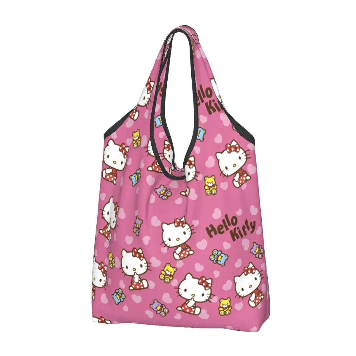 

Reusable Hello Kitty Cartoon Grocery Bags Foldable Machine Washable Shopping Bags Large Eco Storage Bag Attached Pouch