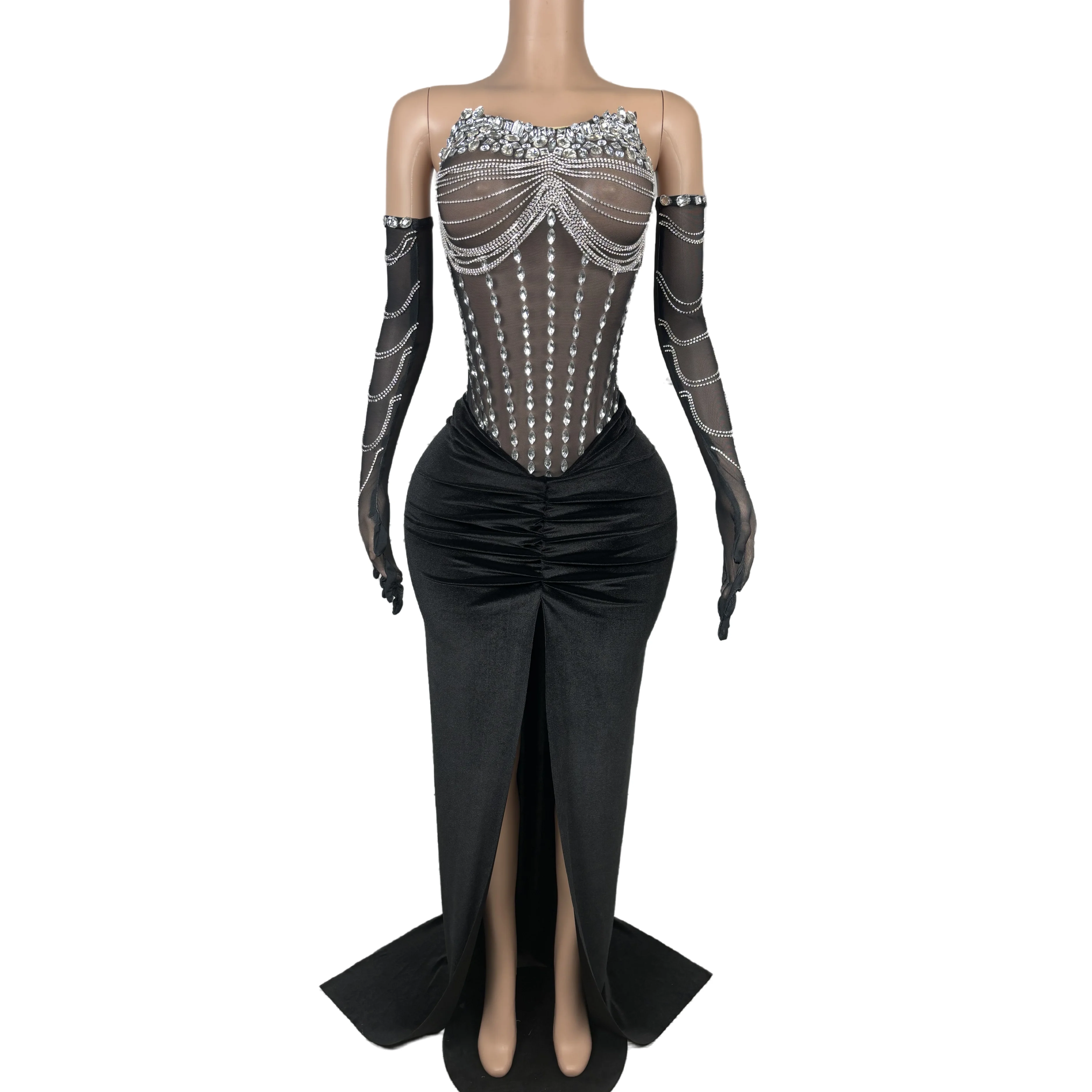 

Sexy Silver Rhinestones Black Velvet Split Gloves Dress Evening Long Train Costume Singer Single Shoulder Outfit heitianer