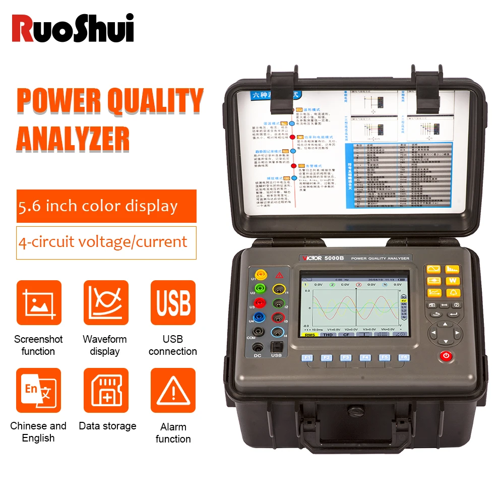 Victor 5000B Power Quality Analyzer Energy Electrical Network Voltage DC Component Current Voltage Peaks Phase Diagram Display