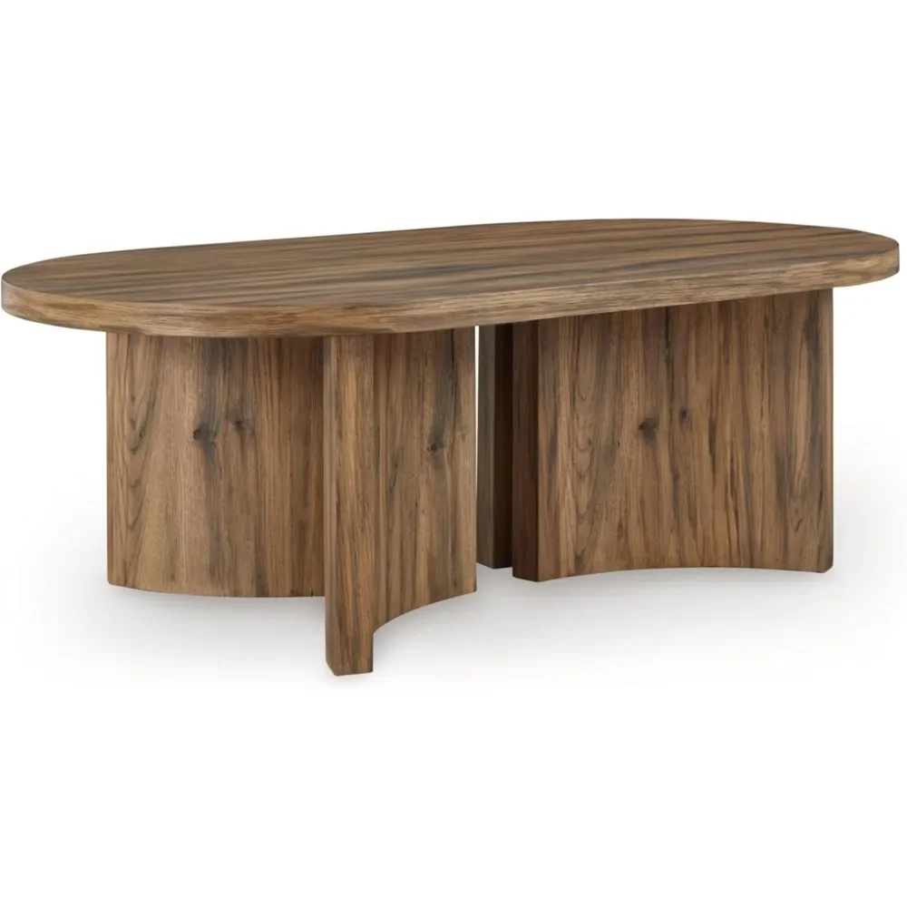 Austanny Rustic Thick-Tabletop Coffee Table with Curved Plinth Base, Light Brown