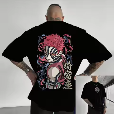 Demon Slayer Akaza Pure Cotton T-shirt 2026 Summer Anime Printed Loose American Casual Parent Child Short Sleeve Top