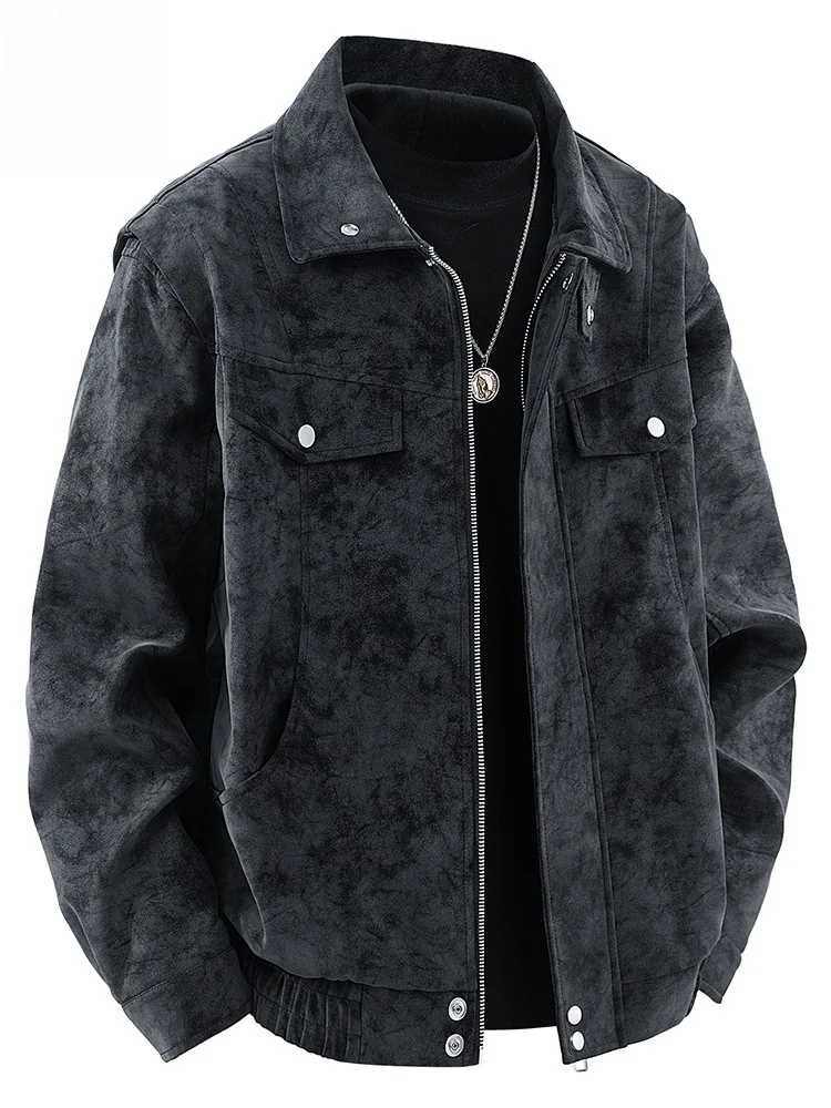 

Rn Men's Vintage Casual Jaet Loose Fit Collared Coat American Sle Leather irt Faionable Urban Outfit for Autumn