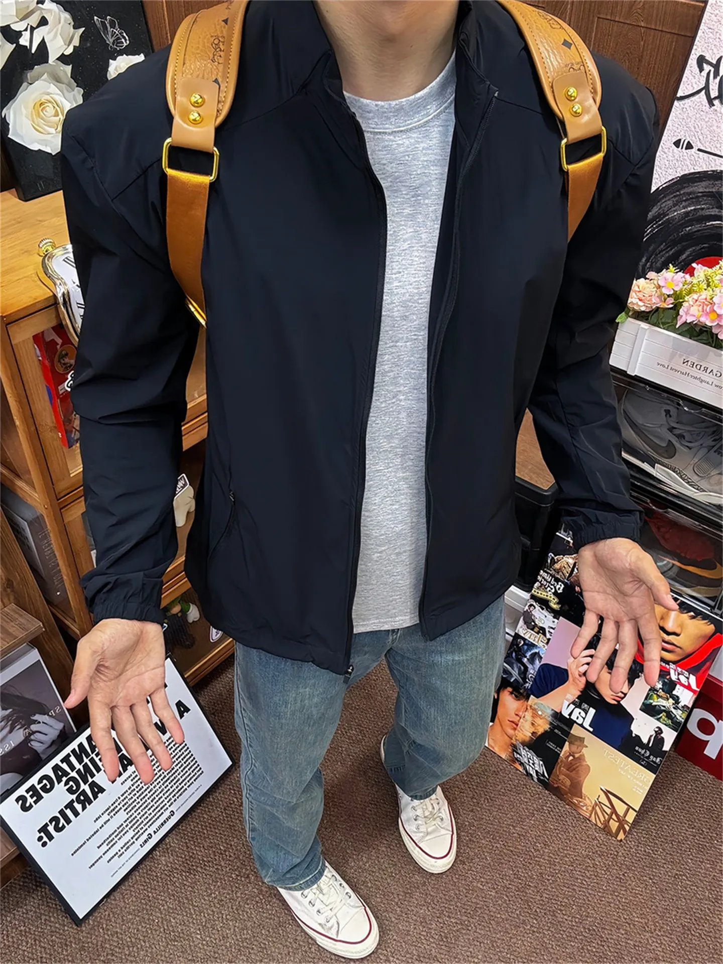 Men's Breathable Sun Protection Jacket Ice Silk Quick Dry Sporty Shoulder Thin Style Casual Zipper Pure Color Summer Outerwear