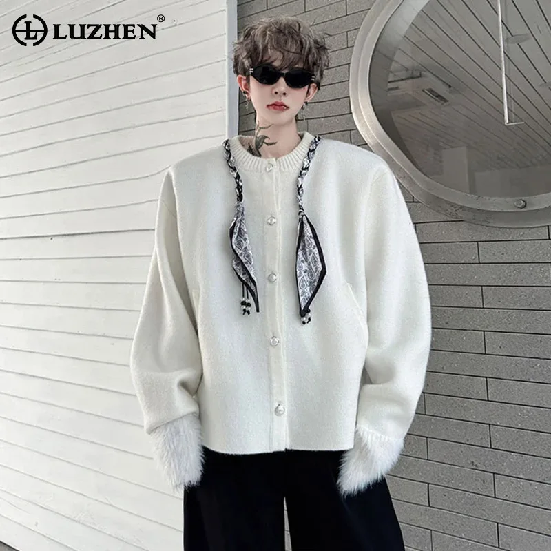 

LUZHEN 2025 зимний однотонный шарф с круглым вырезом, украшенный мужским свободным вязаным кардиганом, свободный свитер высокого качества, одежда JY4425