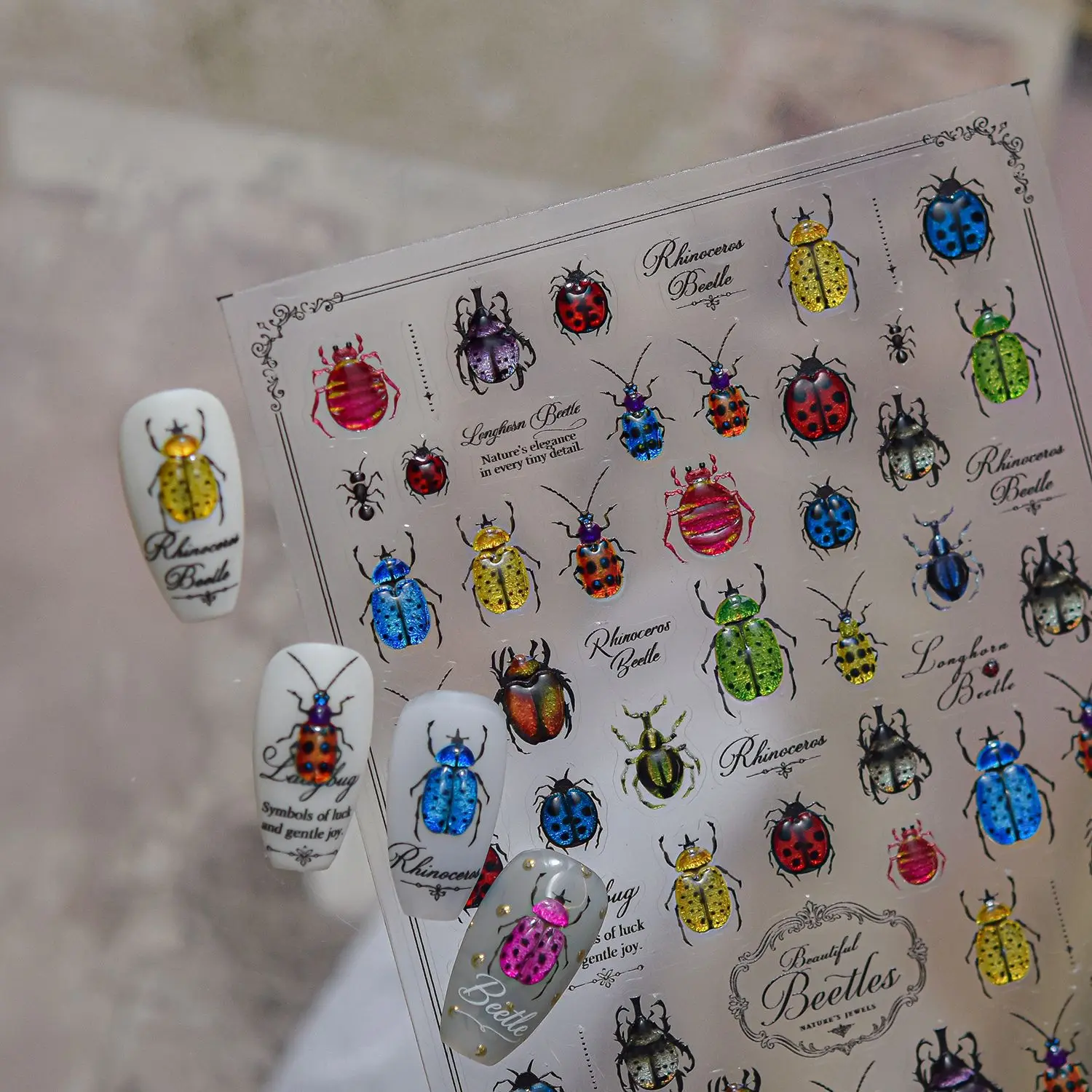 5D Embossed Retro Gilding Poem of Insects Nail Stickers Cute Colorful Beetle Moth Butterfly Ladybird Decals Manicure Decorations