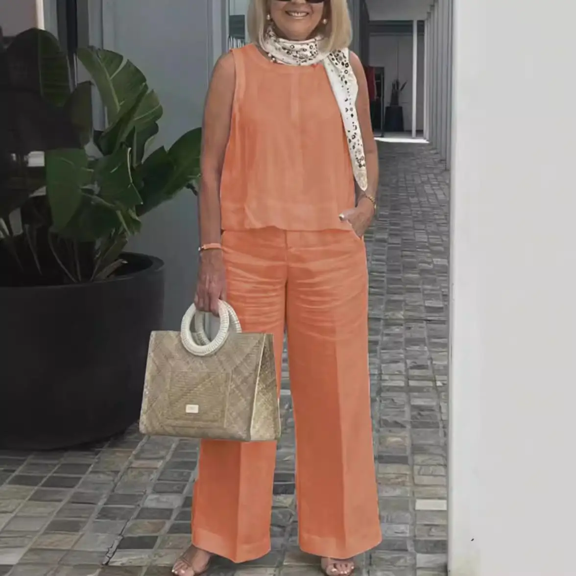 Conjunto de lino y algodón para mujer, pantalones de pierna ancha, traje de dos piezas, cómodo y transpirable, verano 2024