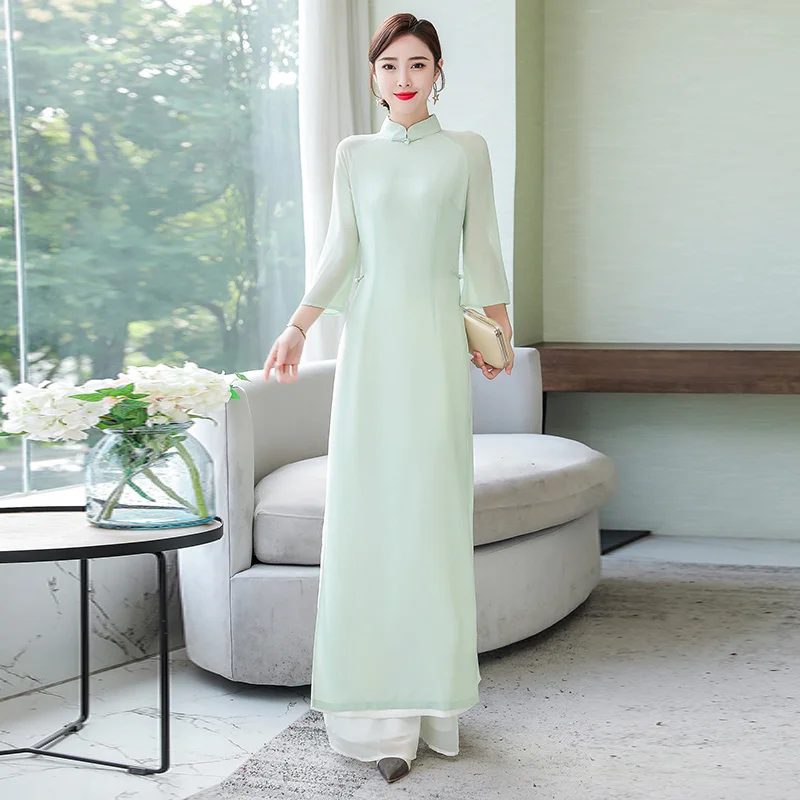 Spring Summer Ao Dai Vietnam Slim Set Women Casual Long Tops Wide Leg Pants Two Pieces White Light Green Chinese Styles Clothing