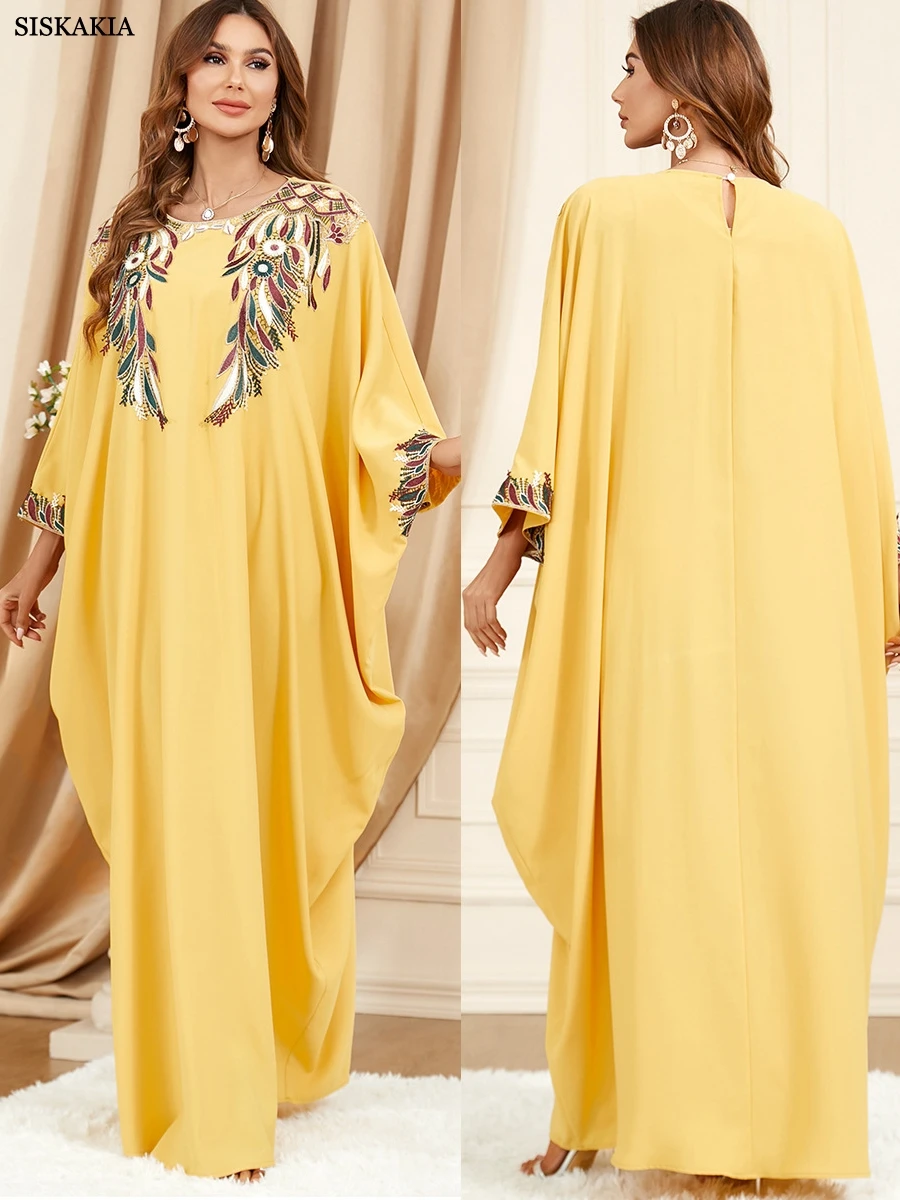 Abaya Pour Les Femmes Broderie Florale À Manches Chauve-Souris Robe Kimono Maroc Caftan Dubaï Robes De Luxe Pour La Fête