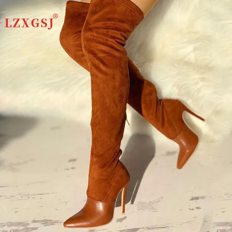 Brown Sexy Woman Thigh High Boots Fashion Thin High Heel Suede Over The Knee Boots 2021 Autumn Female Shoes 11cm Plus Size 43