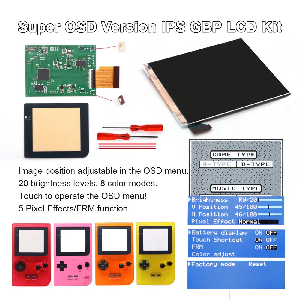 

New 8-Colors Background GBP IPS LCD Larger Screen Display Kits Build in FRM OSD Menu with Pre-cut Shell For GameBoy GBP Pocket