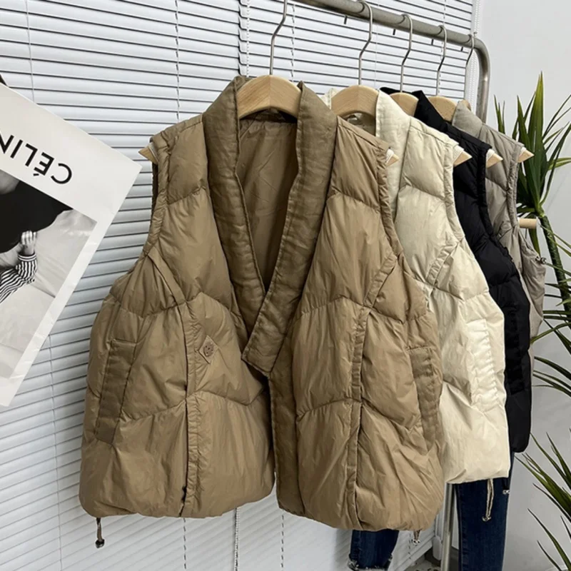 Autumn Winter V Neck Drawstring Down Vest Jakcet Women Warm Light Thin White Duck Down Waistcoat Female Loose Sleeveless Tank