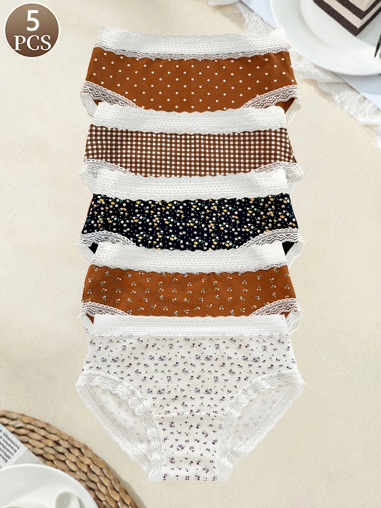 5 قطع سراويل داخلية نسائية بطبعة زهور ملابس داخلية من الدانتيل بتصميم عتيق ملابس داخلية رياضية غير رسمية منتصف الخصر سراويل نسائية مريحة وناعمة