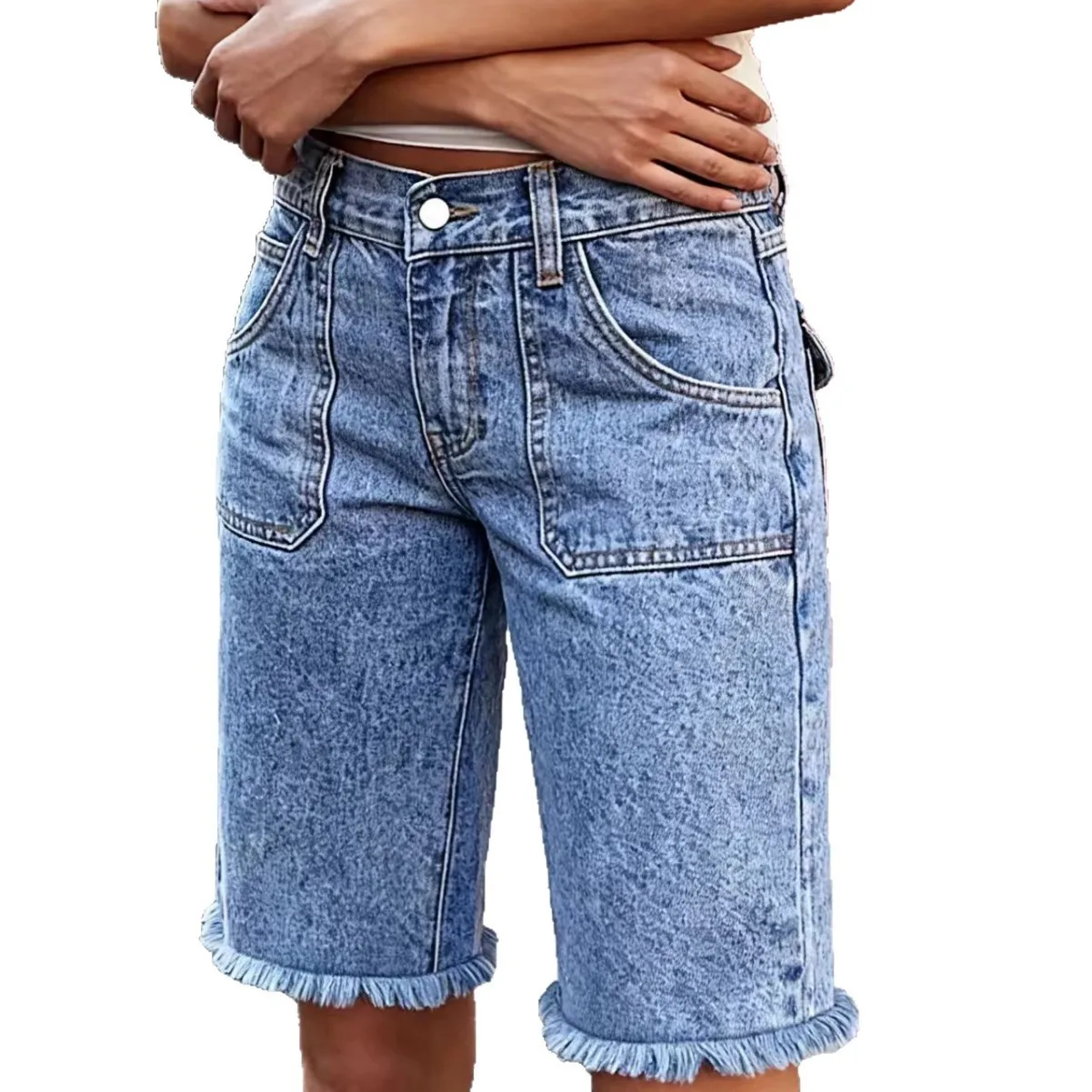 Summer Clothes Shorts Women's Shorts Distressed Light Wash Jean Shorts Mid Rise Frayed Hem Cutoffs Front Pockets For Woman
