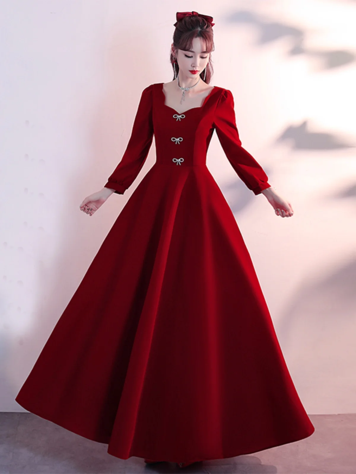 Ele Long Red Evening Dr for Wedding Thank You Banquet Engagement Par Women's Faionable Ele Zipper Sle Dr