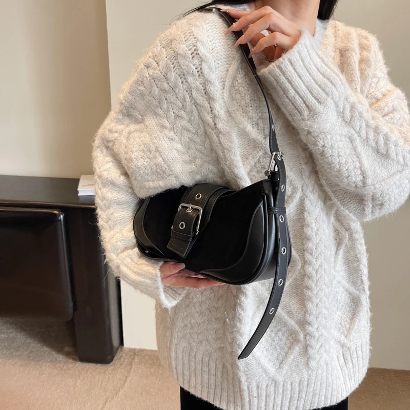 LEFTSIDE Belt Buckle Leather Crossbody Bags for Women 2023 Winter Underarm Bag Handbags and Purses Latest Fashion Shoulder Bag