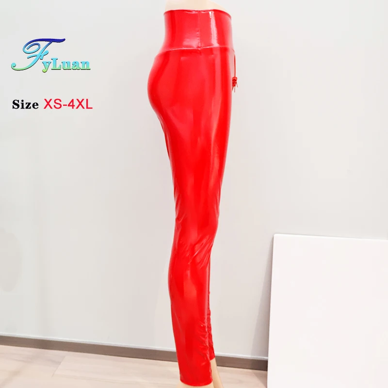 Plus Size  Double Zipper Open Crotch Women Pants Red Shine Leather Exotic Bodycon Slim Nightclub Leggings Ankle-Length Trousers