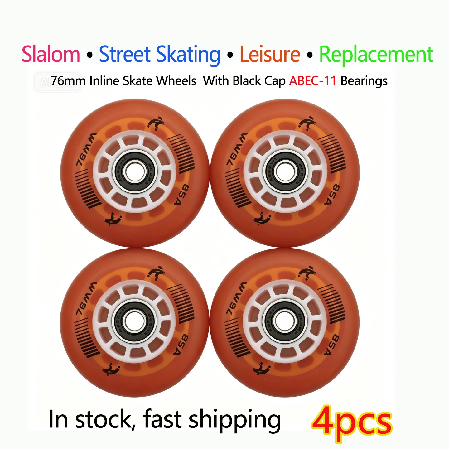 

4pcs 76mm Street Skating Wheels with Black Cap ABEC-11 High-Speed Bearings, Inline Skate Replacement Wheels and Accessories