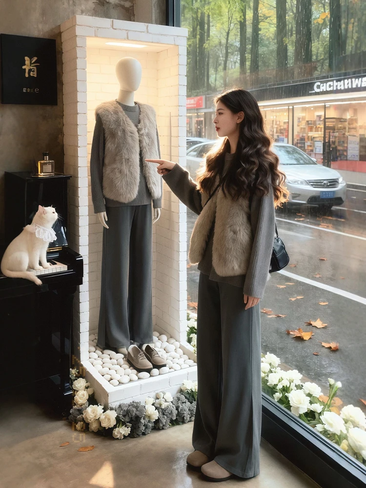 

plus Size Winter Faion Set for Women Comfortable Casual Clothes including Base irt Furry Vest And Long Pants Tee Piece Set