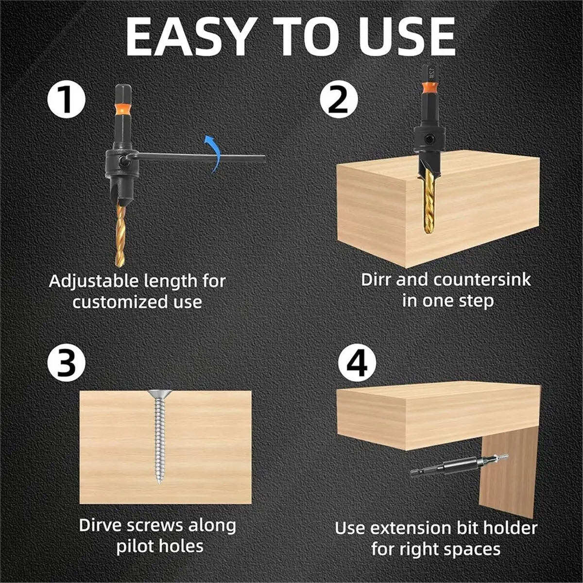 12Pc HSS Adjustable Countersunk Drill Bits for Woodworking, Sizes 4, 6, 8, 10, 12, WithMagnetic Extension Drill Bit