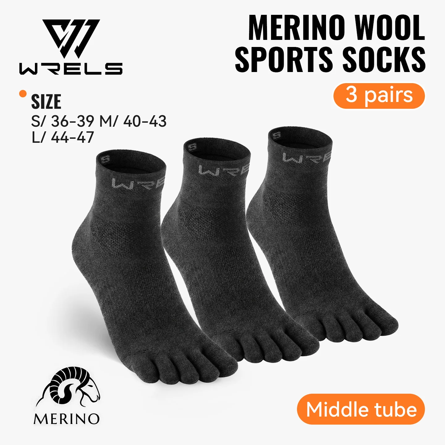 WRELS 1/2/3 Paar Fünf-Finger-Socken aus Merinowolle, Lauf-Zehensocken für Männer und Frauen, atmungsaktiv, schnell trocknend, gepolstert, sportliche Wandersocken