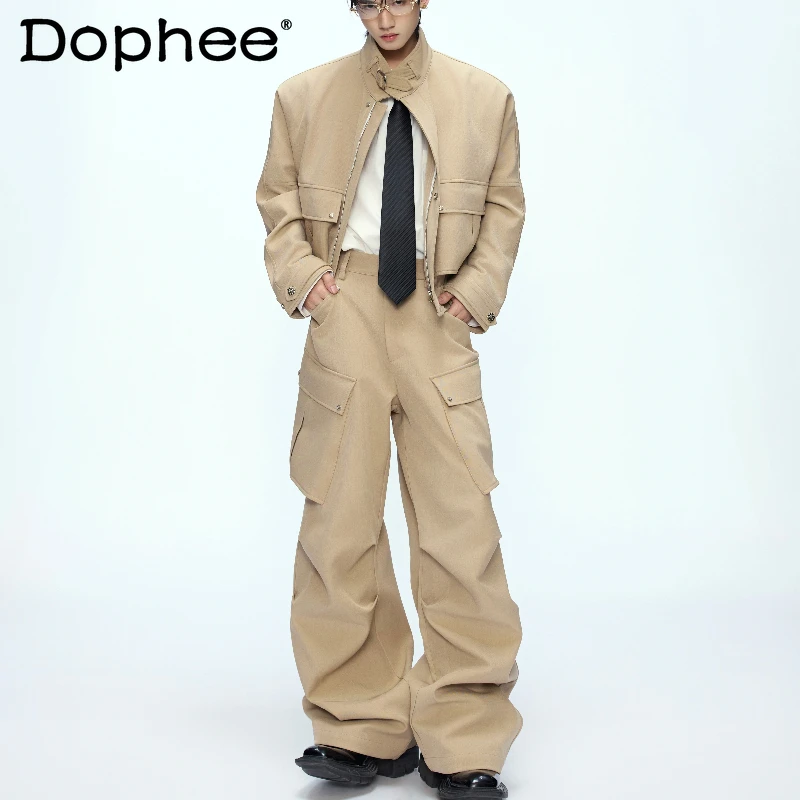 Men's 2025 Autumn New Fashion Cotton 2pcs Male Tooling Short Jackets Multi-Pocket Cargo Pants Sets Solid Color Two-piece Sets