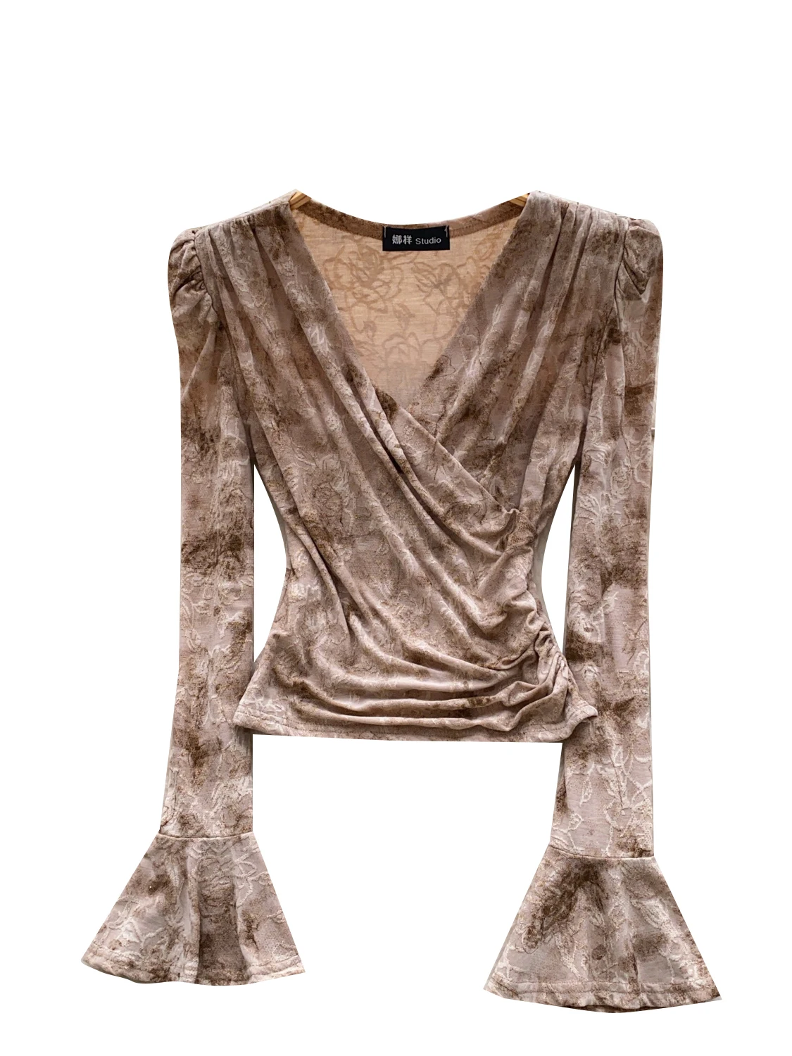 Slim Fit V-Ne Bell Sve irt Mujer Base irt Diseño cruzado Faionable Otoño Todo fósforo Top con efecto adelgazante Camiseta francesa Sle