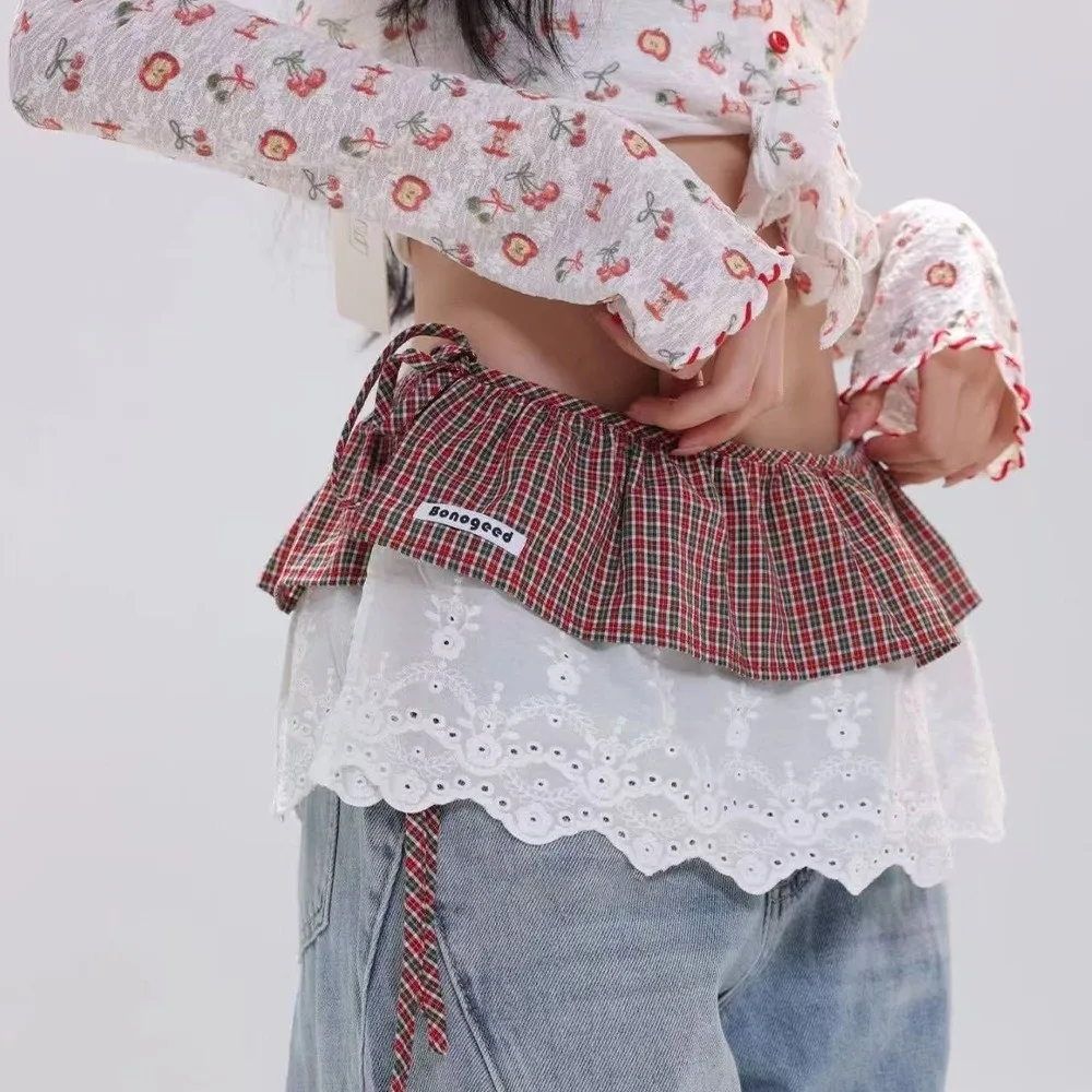 エレガントなバレエコア風チェック柄ファートカーテンレースアップ韓国風レースミニスカートハイウエストレイヤードバットカーテン女性用