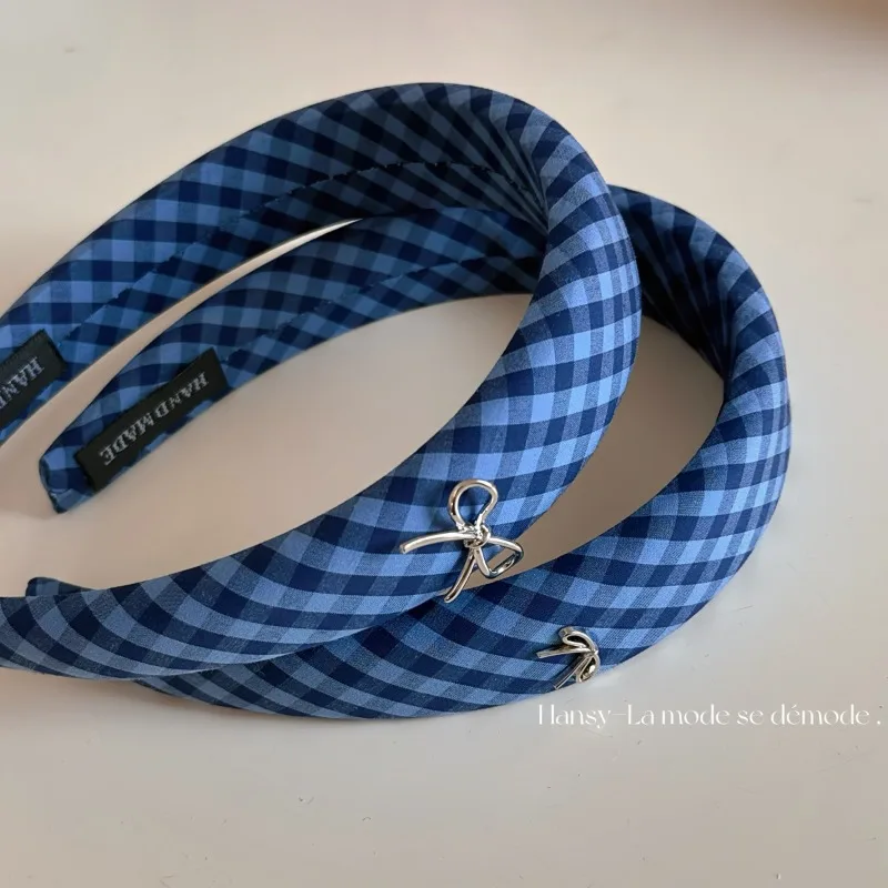 Łuk ze stopu srebra niebieska opaska w kratę temperament słodka spinka do włosów wysoka czaszka opaska na głowę akcesoria do włosów nowość