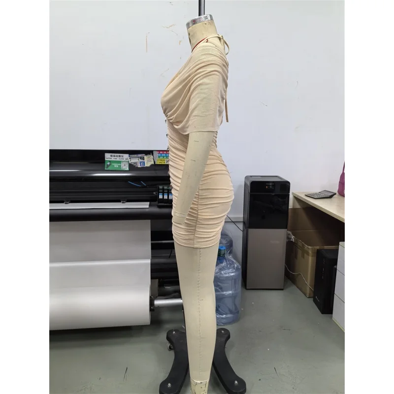 Damen-Minikleid mit freiem Schulterbereich, Netzstoff, Neckholder-Ausschnitt, figurbetont, mit Knopfleiste vorne, geraffter Kordelzug, sexy, für Nachtclubs und Partys, kurzes Kleid, Dropshipping. – Detail 7