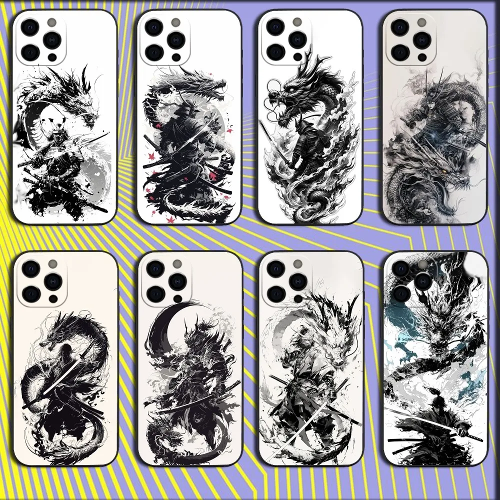 Dragon Warrior Painting Phone Case For iPhone 16,15,14,13,12,11,Pro,X,XS,Max,XR,Plus,Mini Soft Black Cover