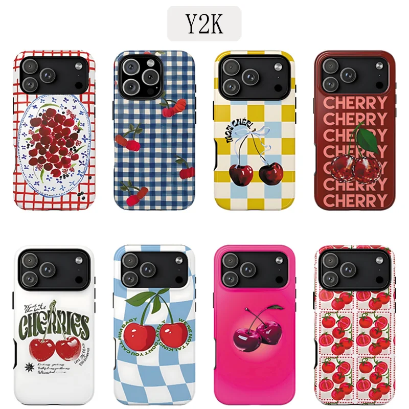 Fashion Cherry Grid Phone Case for Samsung Galaxy S20 S23 S24 S25 S26 FE Plus Ultra Edge 4G 5G Luxury Double-layer Back Cover