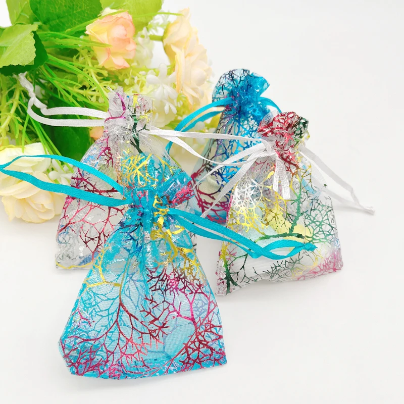 100pcs Colorful Coral Gift Bags Wedding Packaging Organza Gift Bag Jewelry Packaging Bags Drawstring Pouches Sachet Storage Bag