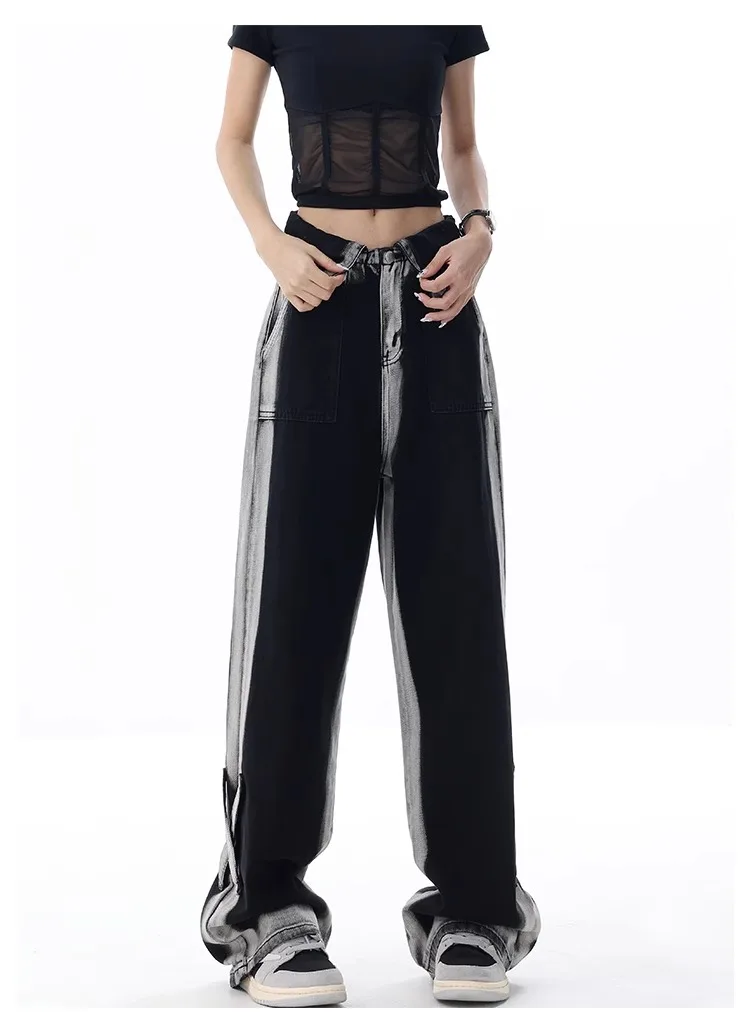 Vintage Wash High Waist High Street Style Black Straight Jeans Pants American Retro Women's Wide Leg Baggy Y2K Denim Trouser